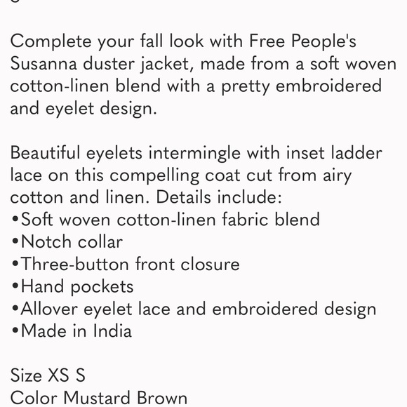 Free People Susanna Duster Jacket Mustard Brown, NWT, S (Fits S-M, Loosely) - Picture 10 of 10